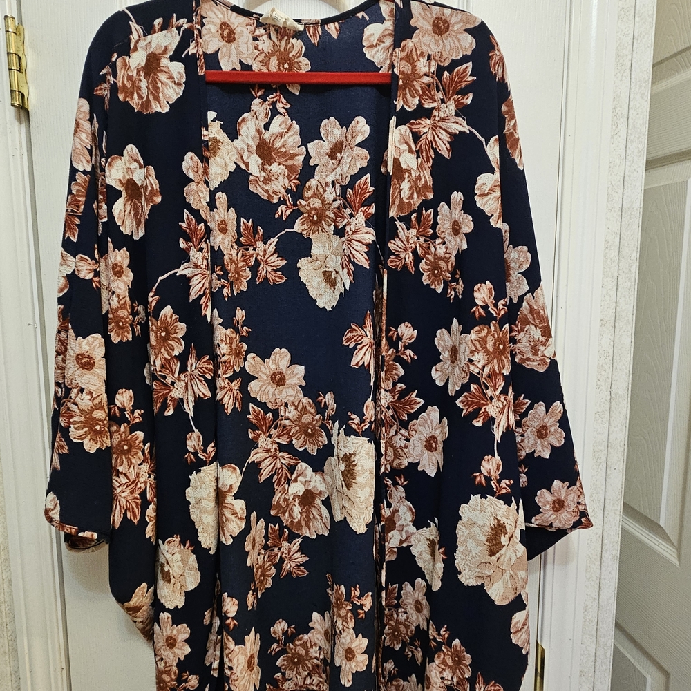Navy Floral Open-Front Kimono